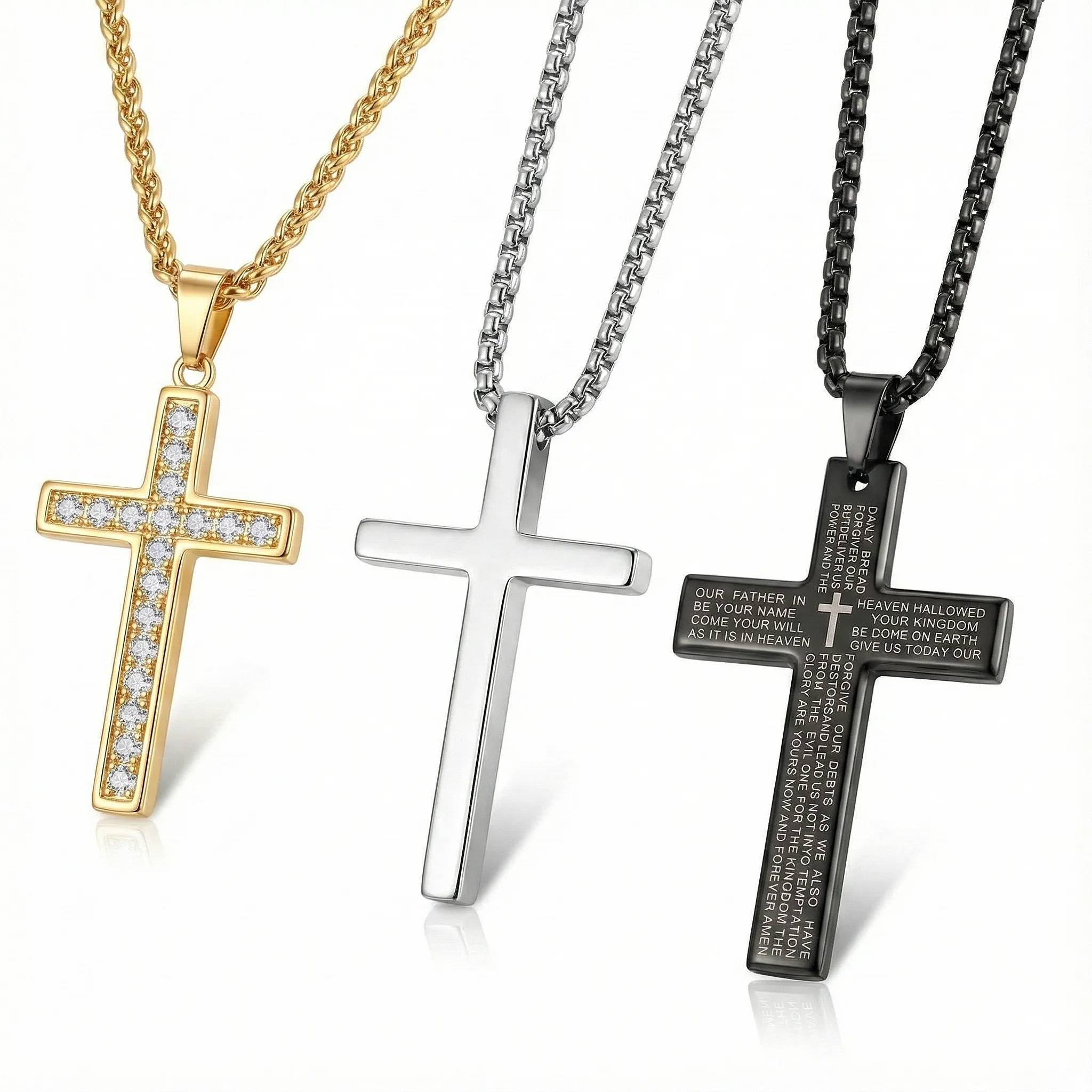 Trio of cross necklaces featuring distinct styles: Gold plated rope chain with pave crystal cross, minimalist polished stainless steel silver cross, and black Lord's Prayer engraved cross on sturdy box chain.