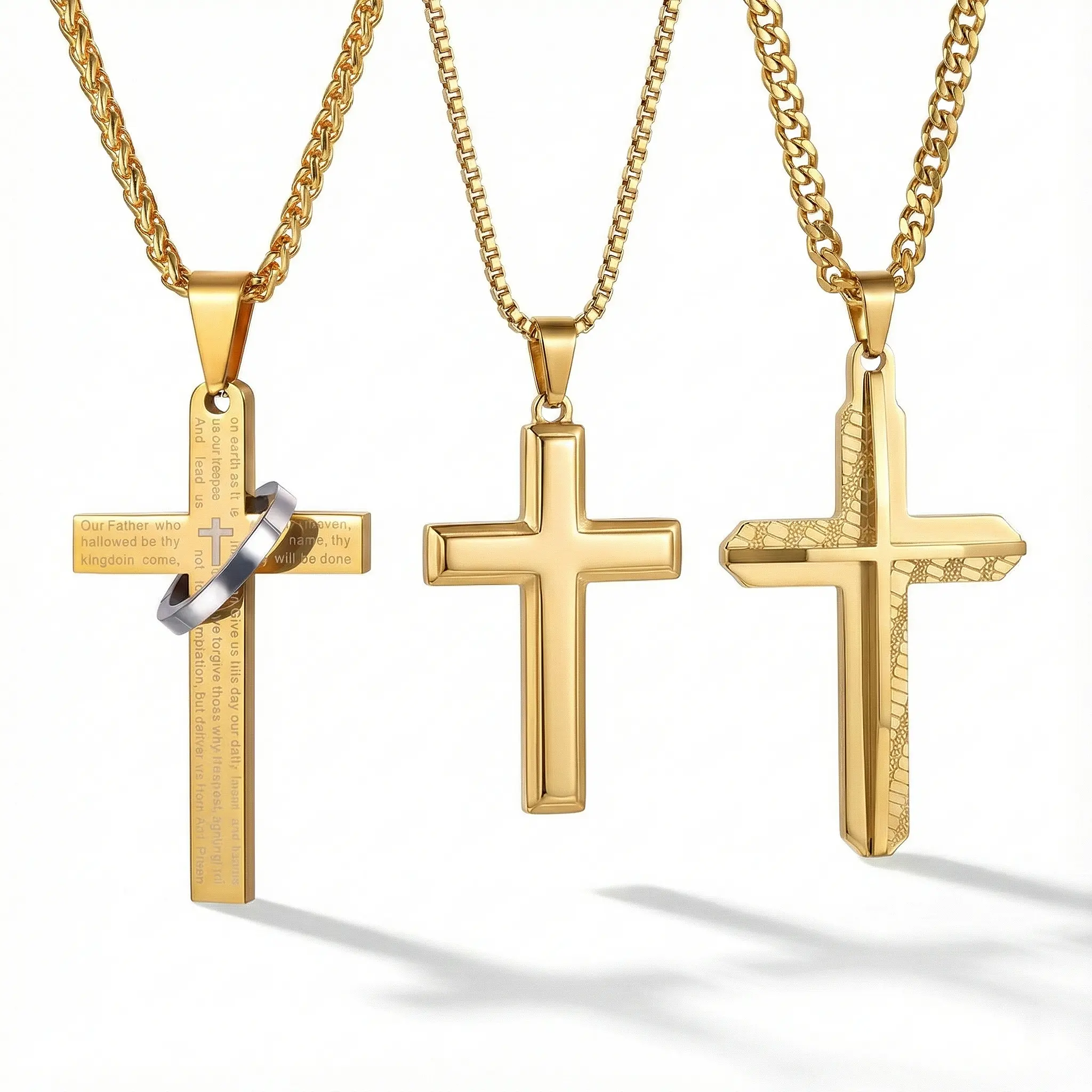 Gold women's cross necklaces: simple polished cross, Egyptian Ankh pendant, and detailed vine-patterned tree of life cross.