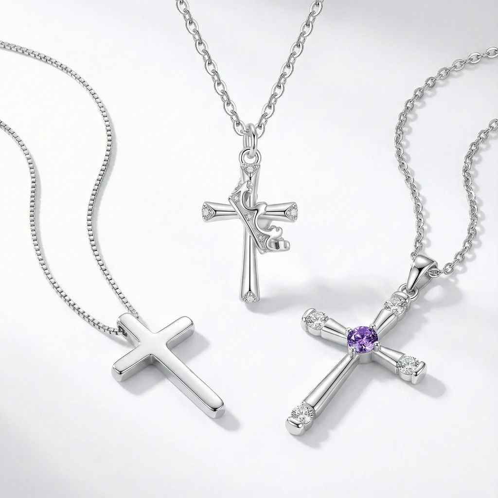 Trio of silver women's cross necklaces: minimalist polished cross, artistic ribbon design, and crystal cross with purple amethyst center stone.