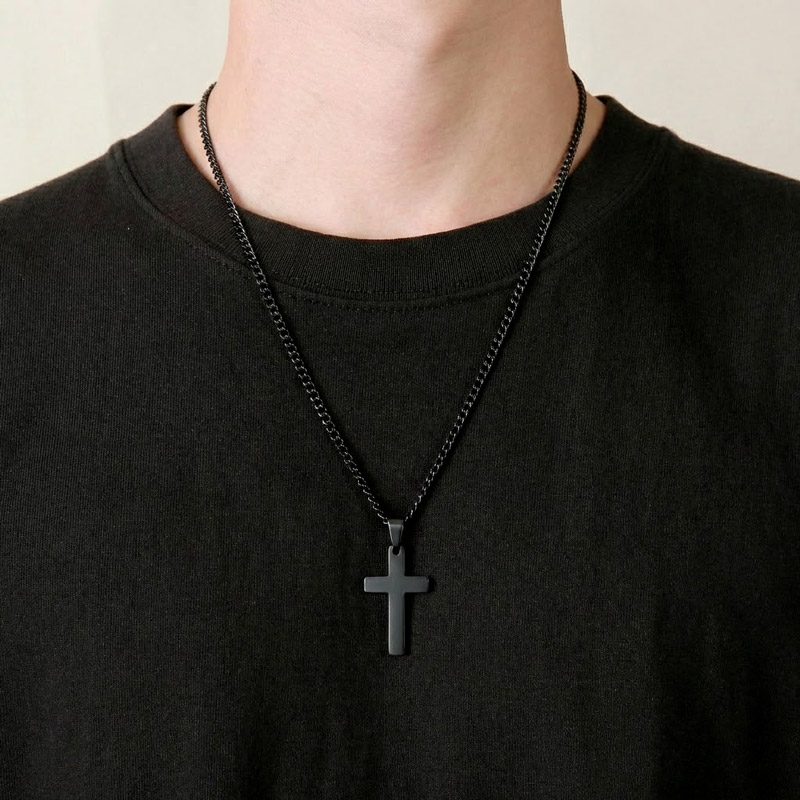 black stainless steel mens cross necklace Black Stainless Steel Mens Cross Necklace cable chain 18" - 24"