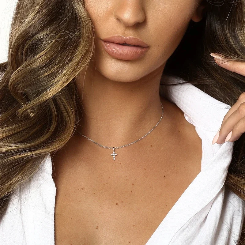 Small Diamond Cross Necklace Silver women1.webp Small Diamond Cross Necklace Silver women