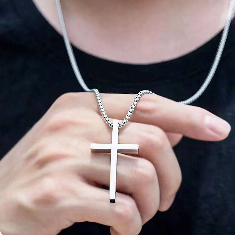 Simple Stainless Cross Necklace silver for mens chain 28" Simple Stainless Cross Necklace silver for mens chain 28"