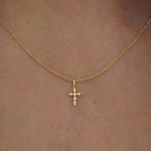 Small Diamond cubic zircon Cross Necklace Gold plated