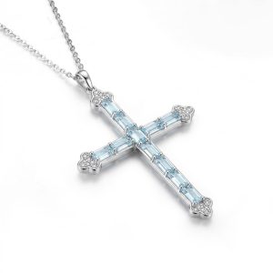 natural Aquamarine gemstones Cross Necklace