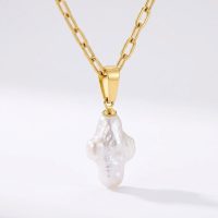 Baroque Natural Pearl cross necklace gold stainless steel