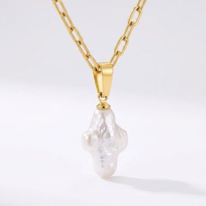 Baroque Natural Pearl cross necklace gold stainless steel
