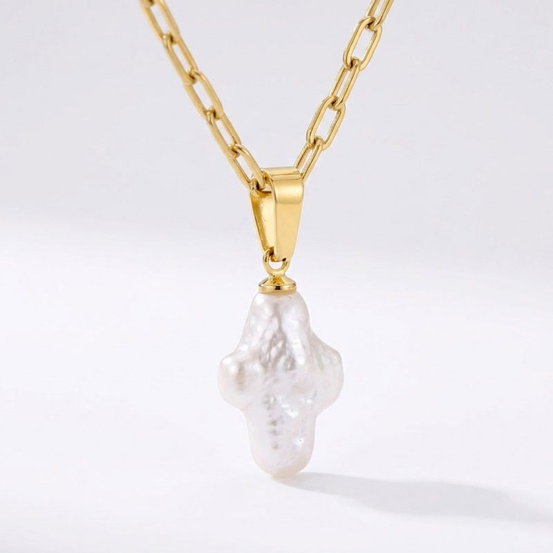 Baroque Natural Pearl cross necklace gold stainless steel Baroque Natural Pearl cross necklace gold stainless steel