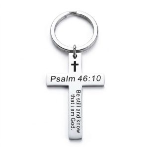 Bible Keychain psalm 46:10 cross stainless steel