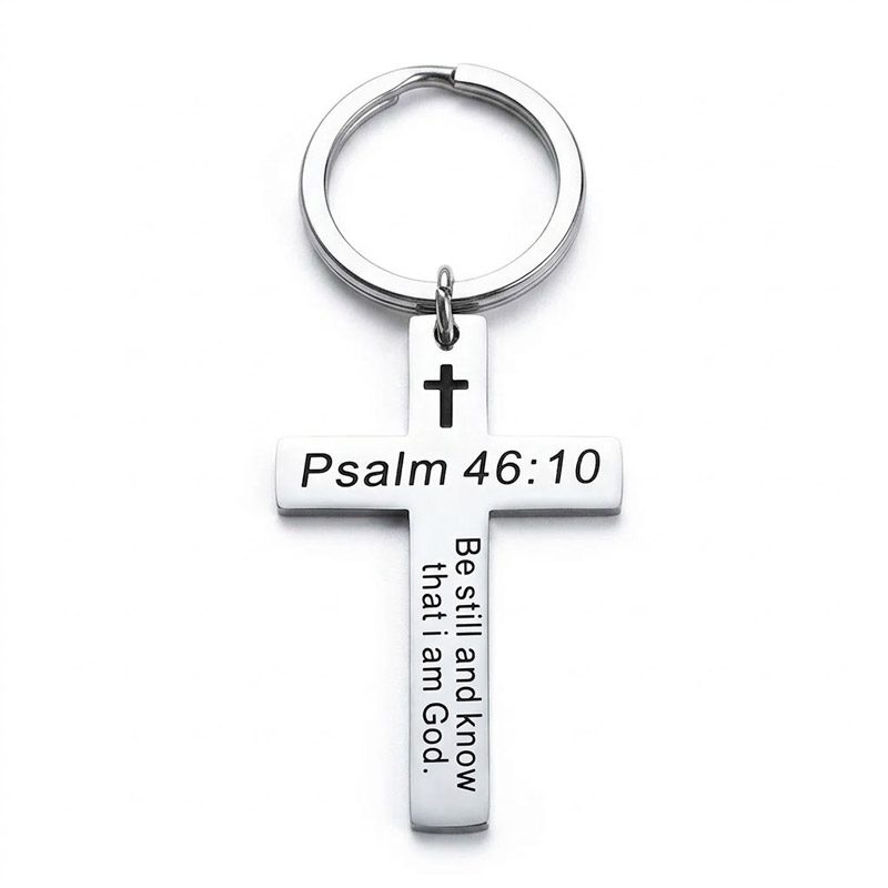 Bible Keychain psalm 46:10 cross stainless steel