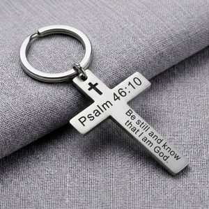 Bible Keychain psalm 46:10 cross stainless steel