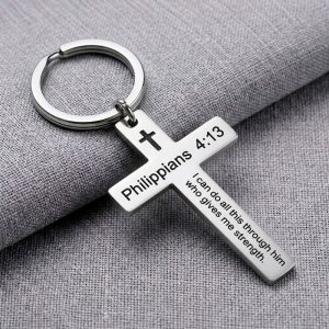 bible verse keychain Philippians 4:13 engraving stainless steel cross