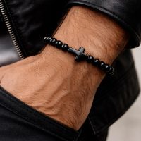 Black Obsidian style Beaded Cross Bracelet ajustable for mens or womens