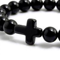 Black Obsidian style Beaded Cross Bracelet ajustable