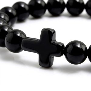 Black Obsidian style Beaded Cross Bracelet ajustable