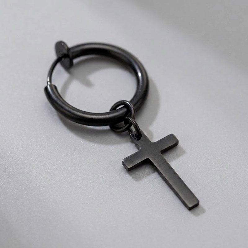 Black Cross Clip On Earrings dangle hoop huggies stainless steel Black Cross Clip On Earrings dangle hoop huggies stainless steel