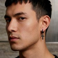 Black Cross Earrings huggies dangle stainless steel for Men