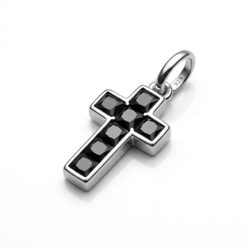 Black Cross Pendant dainty 925 sterling silver with black stone cz, no chain Black Cross Pendant dainty 925 sterling silver with black stone cz, no chain