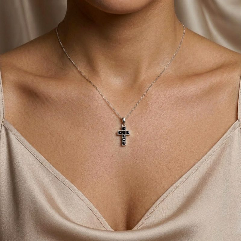 Black Cross Pendant dainty 925 sterling silver with black stone cz, no chain, for womens Black Cross Pendant dainty 925 sterling silver with black stone cz, no chain, for womens