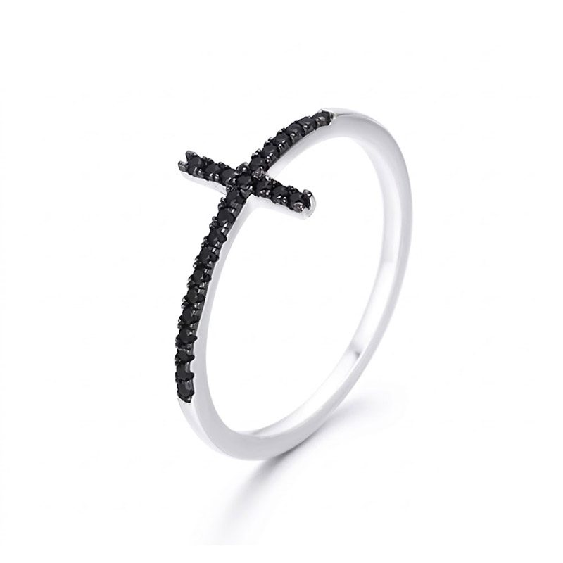 black diamond cross ring 925 silver sterling