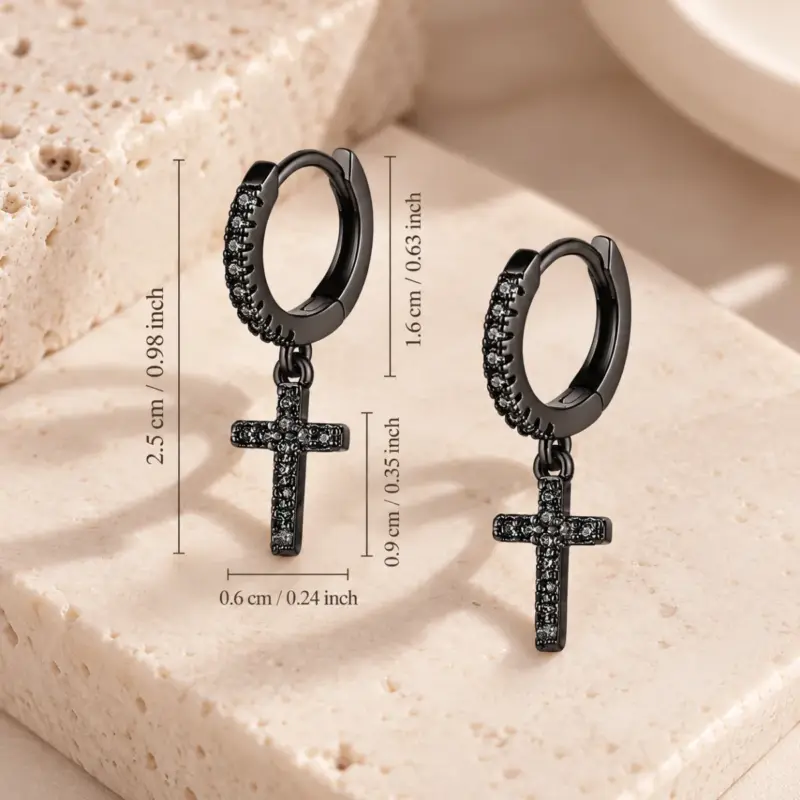 mens black diamond cross earrings varro Size markings on the black pavé cross hoops: 0.98 in drop, 0.63 in hoop