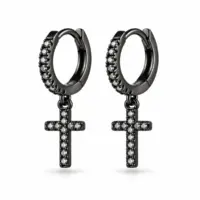 Black PVD huggie earrings with stone-set front and small pavé cross drops on white