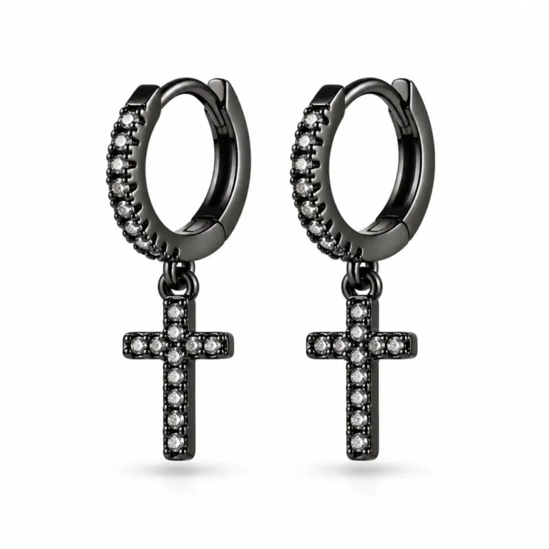 mens black diamond cross earrings varro Black PVD huggie earrings with stone-set front and small pavé cross drops on white