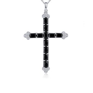 Black Spinel Cross Necklace​ with 925 silver sterling