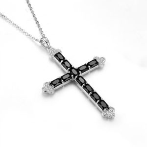 Natural Black Spinel gemstones Cross Necklace​ with 925 silver sterling