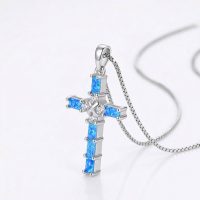 blue opal woth CZ cross necklace with chain