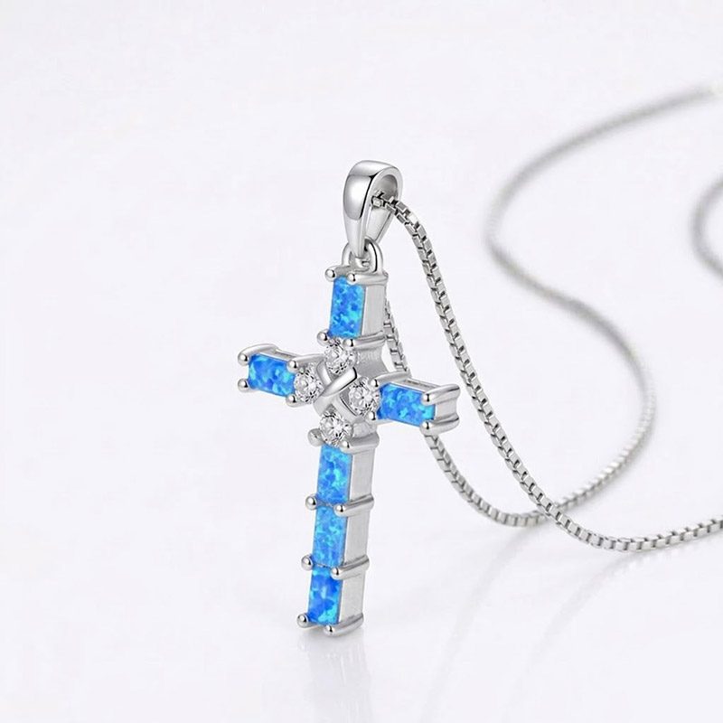 blue opal woth CZ cross necklace with chain blue opal woth CZ cross necklace with chain
