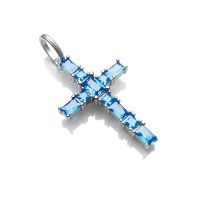 Blue Stone Cross Pendant 925 silver sterling, zircon cubic blue stone, no chain