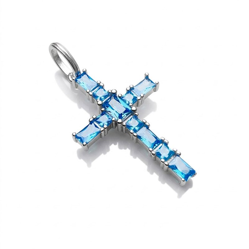 Blue Stone Cross Pendant 925 silver sterling, zircon cubic blue stone, no chain Blue Stone Cross Pendant 925 silver sterling, zircon cubic blue stone, no chain