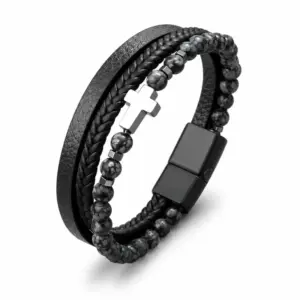 Four-strand faux leather cross bracelet with black magnetic clasp and gray stone beads, white background