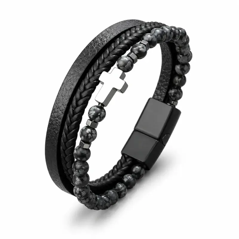 Four-strand faux leather cross bracelet with black magnetic clasp and gray stone beads, white background