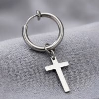 Clip On Cross Earrings stainless steel dangle hoop huggies