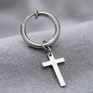 Clip On Cross Earrings stainless steel dangle hoop huggies