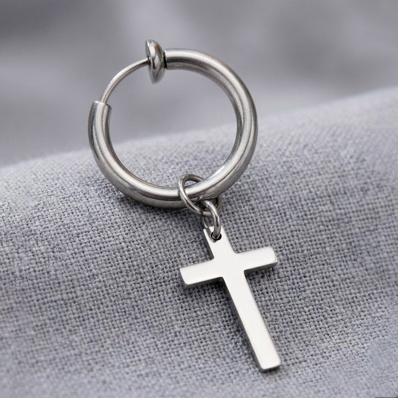 Clip On Cross Earrings stainless steel dangle hoop huggies Clip On Cross Earrings stainless steel dangle hoop huggies