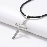 simple Cross Necklace 925 silver sterling with Leather Cord black