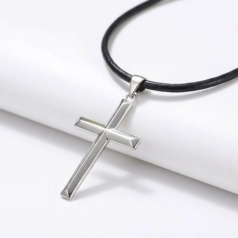 simple Cross Necklace 925 silver sterling with Leather Cord black simple Cross Necklace 925 silver sterling with Leather Cord black