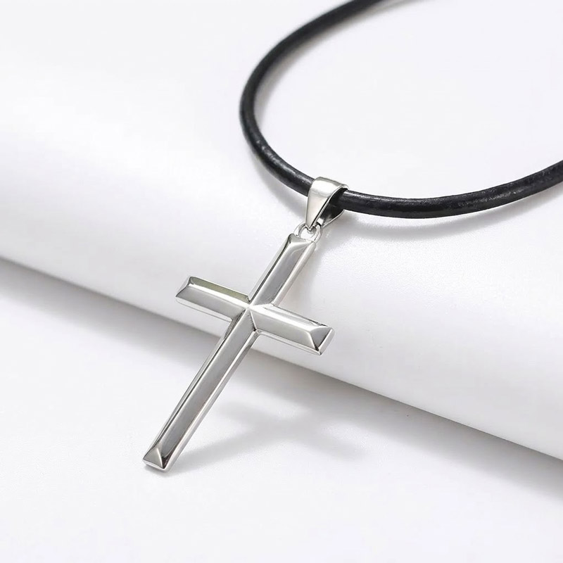 simple Cross Necklace 925 silver sterling with Leather Cord black