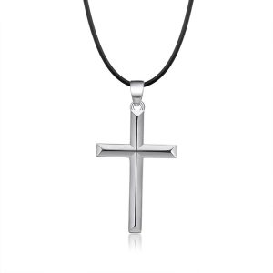 Cross Necklace with Leather Cord black