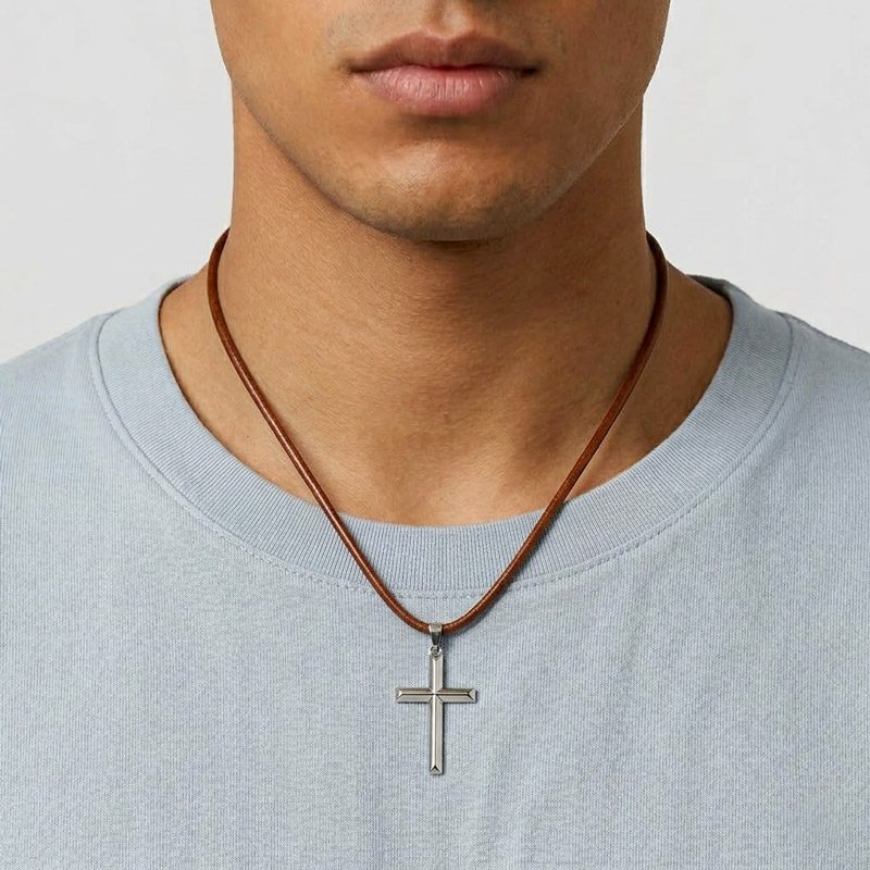 Cross Necklace 925 silver sterling with Leather Cord brown for mens Cross Necklace 925 silver sterling with Leather Cord brown for mens