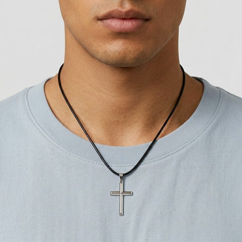 Cross Necklace 925 silver sterling with Leather Cord black for mens Cross Necklace 925 silver sterling with Leather Cord black for mens