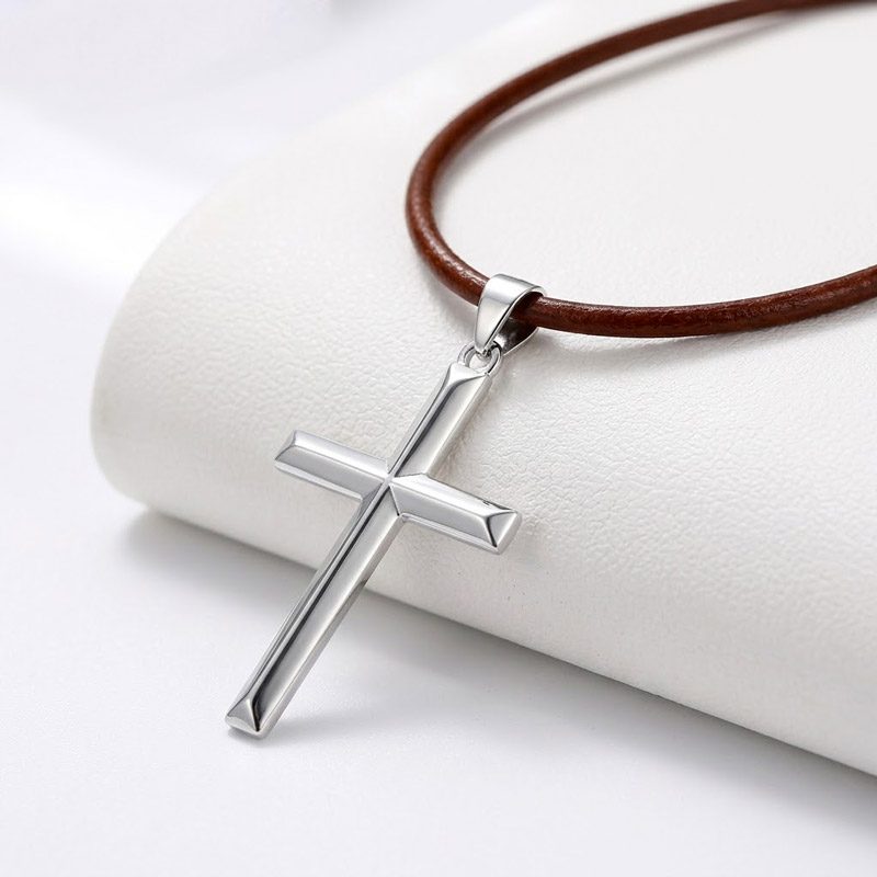 simple Cross Necklace 925 silver sterling with Leather Cord brown simple Cross Necklace 925 silver sterling with Leather Cord brown
