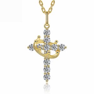 diamond cross with crown necklace​ 18k gold moissanite