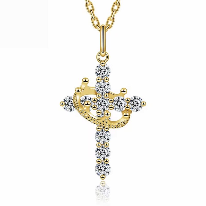 diamond cross with crown necklace​ 18k gold moissanite