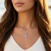 Double Cross Necklace 925 Silver Sterling with cubic zircon for womens