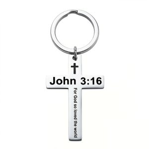 Faith Cross Keychain verse 3:16 john stainless steel