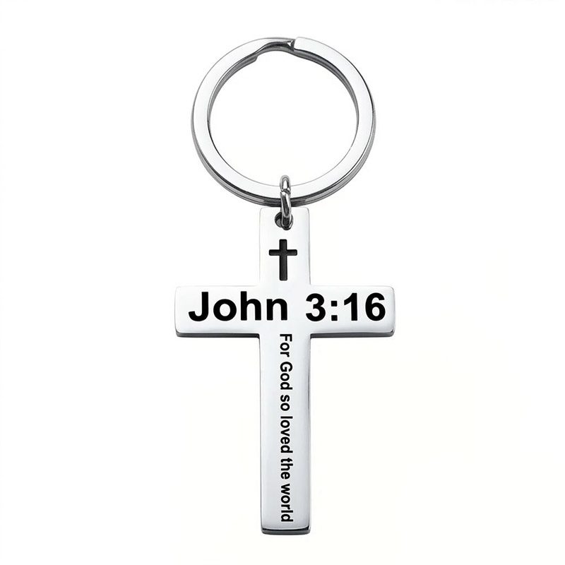 Faith Cross Keychain verse 3:16 john stainless steel