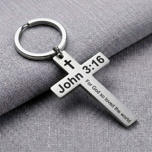Faith Cross Keychain verse 3:16 john stainless steel